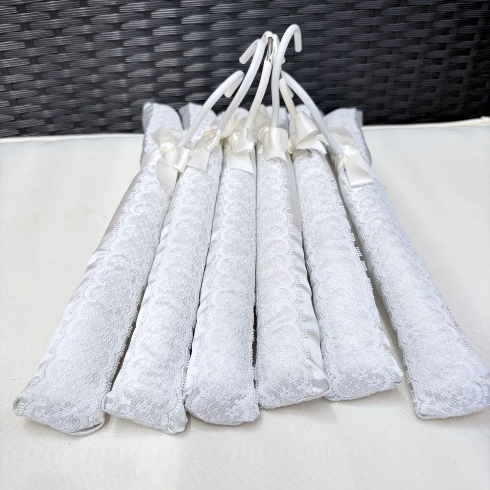 Vintage Padded Satin Hangers Set of 6 Silver Grey Lace Bow Bridal Lingerie